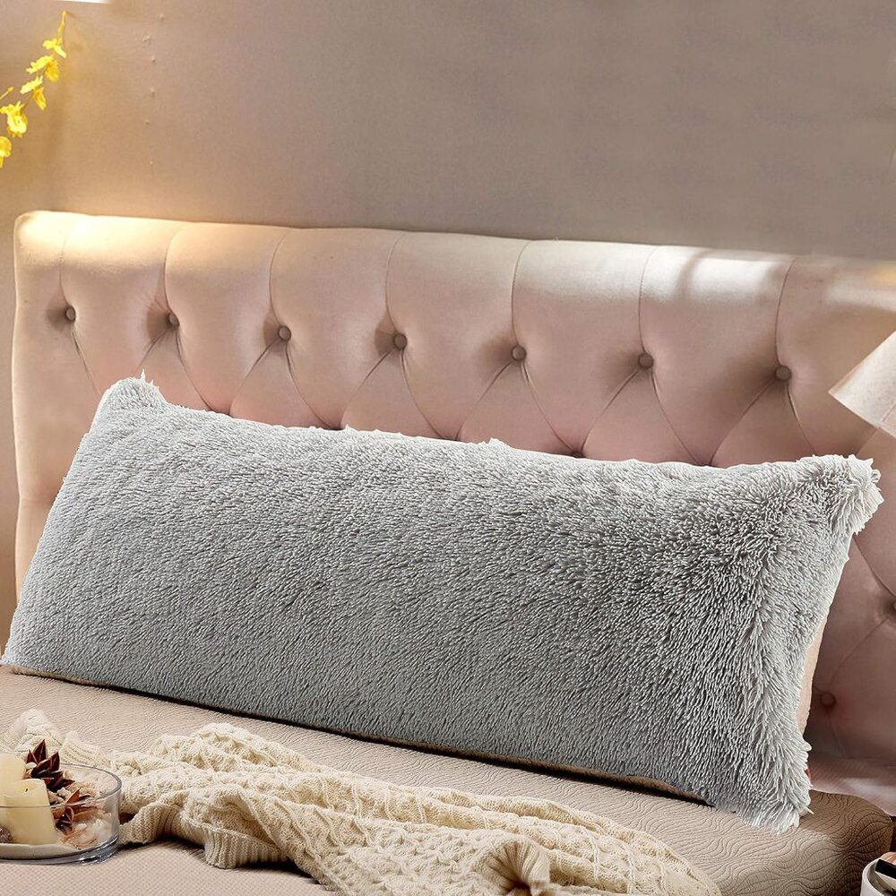 Faux Fur Grey Body Pillow Cover/Case 21"x54" with Zipper Closure
